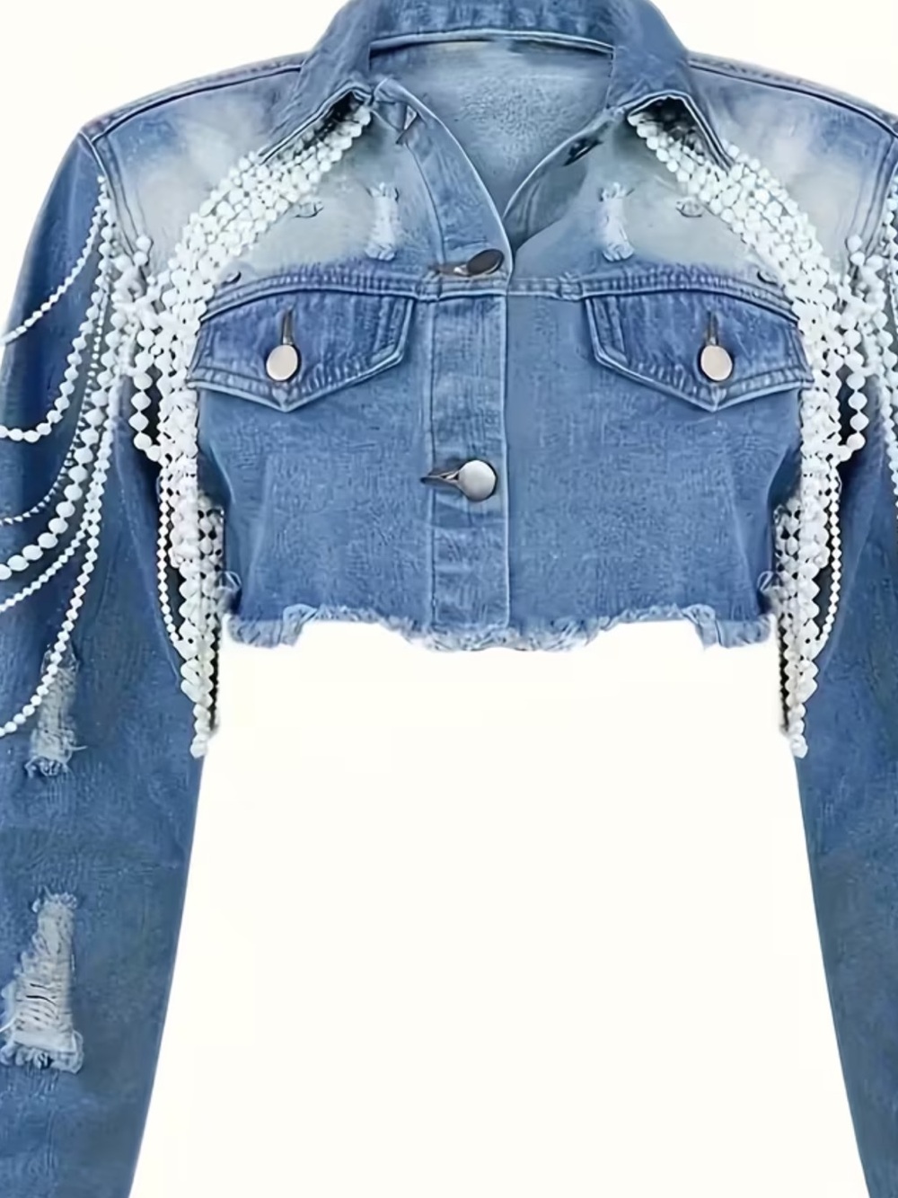 Beaded Fringe Cropped Denim Jacket - Light Blue